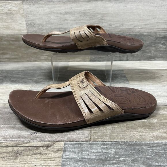 Chaco Sansa Sandals Women’s 7 Brown Leather Embossed Thong Flip Flop Tribal - Picture 2 of 8